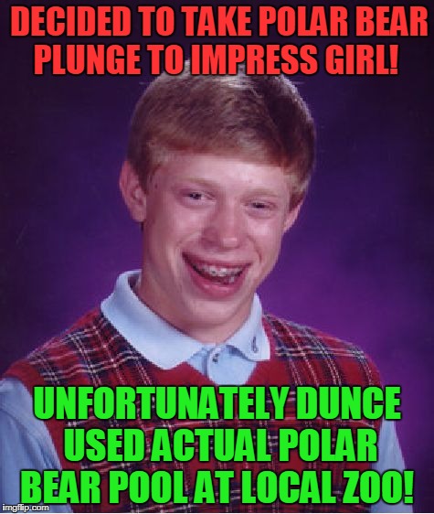 Bad Luck Brian Meme | DECIDED TO TAKE POLAR BEAR PLUNGE TO IMPRESS GIRL! UNFORTUNATELY DUNCE USED ACTUAL POLAR BEAR POOL AT LOCAL ZOO! | image tagged in memes,bad luck brian | made w/ Imgflip meme maker
