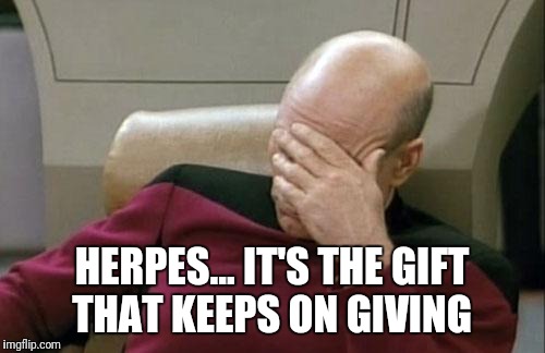 Captain Picard Facepalm |  HERPES... IT'S THE GIFT THAT KEEPS ON GIVING | image tagged in memes,captain picard facepalm | made w/ Imgflip meme maker