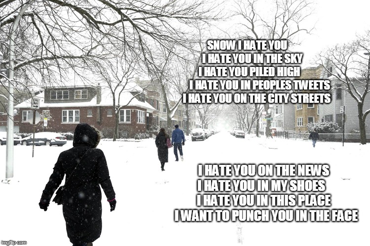 SNOW I HATE YOU          
I HATE YOU IN THE SKY       
I HATE YOU PILED HIGH      

    I HATE YOU IN PEOPLES TWEETS 
I HATE YOU ON THE CITY STREETS; I HATE YOU ON THE NEWS  
I HATE YOU IN MY SHOES      
I HATE YOU IN THIS PLACE    
I WANT TO PUNCH YOU IN THE FACE | image tagged in snow,hate snow | made w/ Imgflip meme maker