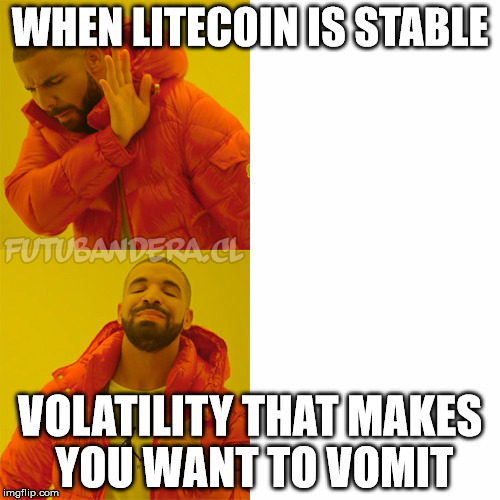 Drake Hotline Bling Meme | WHEN LITECOIN IS STABLE; VOLATILITY THAT MAKES YOU WANT TO VOMIT | image tagged in drake | made w/ Imgflip meme maker