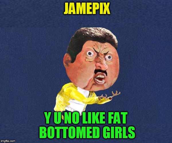 Y U No Freddy Mercury | JAMEPIX Y U NO LIKE FAT BOTTOMED GIRLS | image tagged in y u no freddy mercury | made w/ Imgflip meme maker
