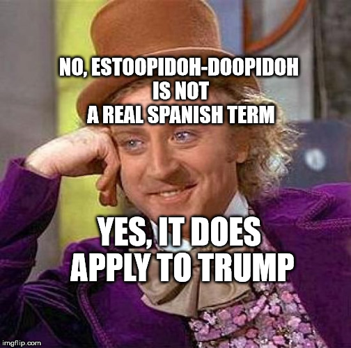 Creepy Condescending Wonka Meme | NO, ESTOOPIDOH-DOOPIDOH IS NOT A REAL SPANISH TERM; YES, IT DOES APPLY TO TRUMP | image tagged in memes,creepy condescending wonka | made w/ Imgflip meme maker