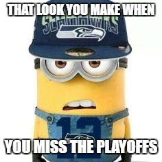 Seahawks minion | THAT LOOK YOU MAKE WHEN; YOU MISS THE PLAYOFFS | image tagged in seahawks minion | made w/ Imgflip meme maker