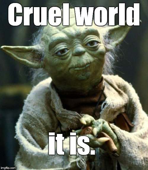 Star Wars Yoda Meme | Cruel world it is. | image tagged in memes,star wars yoda | made w/ Imgflip meme maker