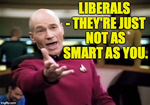 Picard Wtf Meme | LIBERALS - THEY'RE JUST NOT AS SMART AS YOU. | image tagged in memes,picard wtf | made w/ Imgflip meme maker