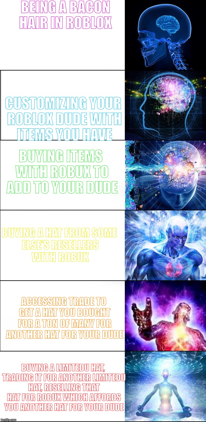 Expanding Brain | BEING A BACON HAIR IN ROBLOX; CUSTOMIZING YOUR ROBLOX DUDE WITH ITEMS YOU HAVE; BUYING ITEMS WITH ROBUX TO ADD TO YOUR DUDE; BUYING A HAT FROM
SOME ELSE’S RESELLERS WITH ROBUX; ACCESSING TRADE TO GET A HAT YOU BOUGHT FOR A TON OF MANY FOR ANOTHER HAT FOR YOUR DUDE; BUYING A LIMITEDU HAT, TRADING IT FOR ANOTHER LIMITEDU HAT, RESELLING THAT HAT FOR ROBUX WHICH AFFORDS YOU ANOTHER HAT FOR YOUR DUDE | image tagged in expanding brain | made w/ Imgflip meme maker