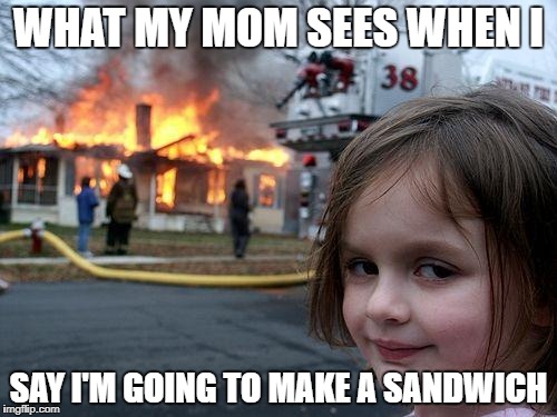 Disaster Girl Meme | WHAT MY MOM SEES WHEN I; SAY I'M GOING TO MAKE A SANDWICH | image tagged in memes,disaster girl | made w/ Imgflip meme maker