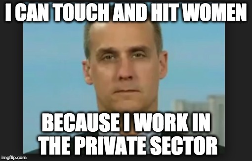I CAN TOUCH AND HIT WOMEN; BECAUSE I WORK IN THE PRIVATE SECTOR | image tagged in memes | made w/ Imgflip meme maker