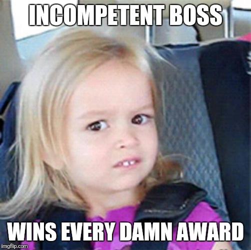 Confused Little Girl | INCOMPETENT BOSS; WINS EVERY DAMN AWARD | image tagged in confused little girl | made w/ Imgflip meme maker