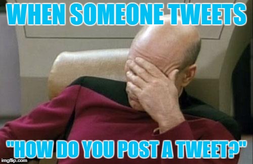 Captain Picard Facepalm Meme | WHEN SOMEONE TWEETS; "HOW DO YOU POST A TWEET?" | image tagged in memes,captain picard facepalm | made w/ Imgflip meme maker
