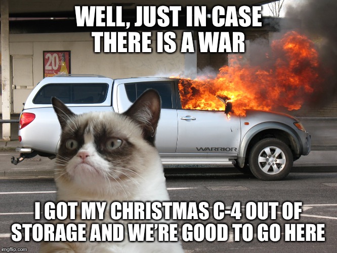 Grumpy Cat Fire Car | WELL, JUST IN CASE THERE IS A WAR; I GOT MY CHRISTMAS C-4 OUT OF STORAGE AND WE’RE GOOD TO GO HERE | image tagged in grumpy cat fire car | made w/ Imgflip meme maker