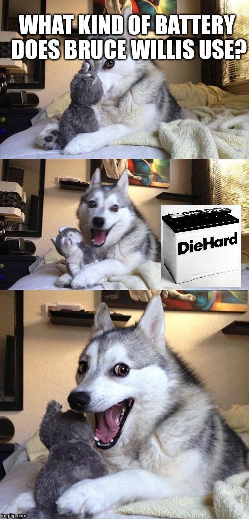 Bad Pun Dog | WHAT KIND OF BATTERY DOES BRUCE WILLIS USE? | image tagged in memes,bad pun dog,die hard | made w/ Imgflip meme maker