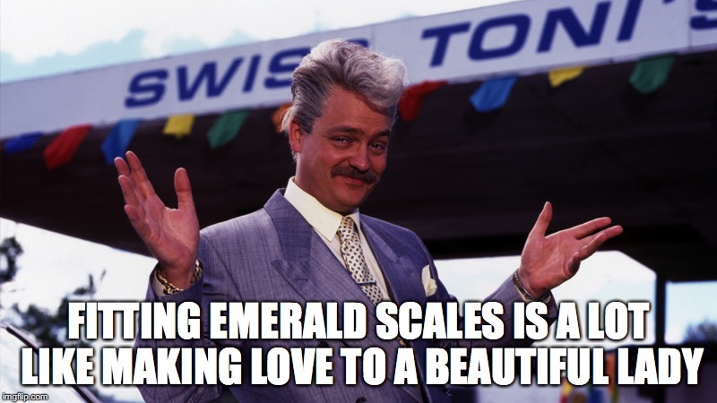 Swiss Tony | FITTING EMERALD SCALES IS A LOT LIKE MAKING LOVE TO A BEAUTIFUL LADY | image tagged in swiss tony | made w/ Imgflip meme maker