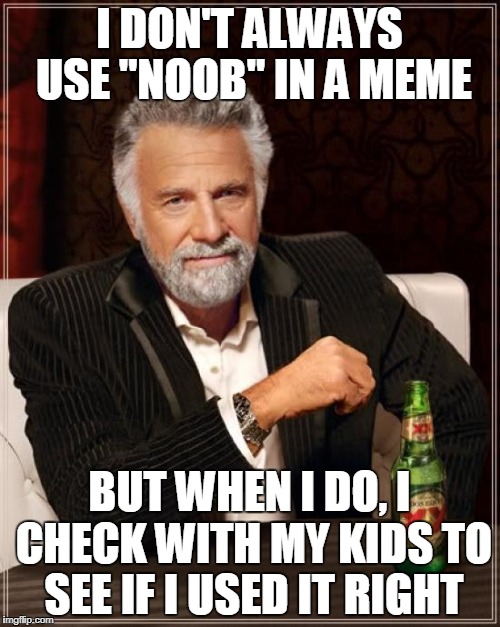 they never laugh at my memes though | I DON'T ALWAYS USE "NOOB" IN A MEME; BUT WHEN I DO, I CHECK WITH MY KIDS TO SEE IF I USED IT RIGHT | image tagged in memes,the most interesting man in the world | made w/ Imgflip meme maker