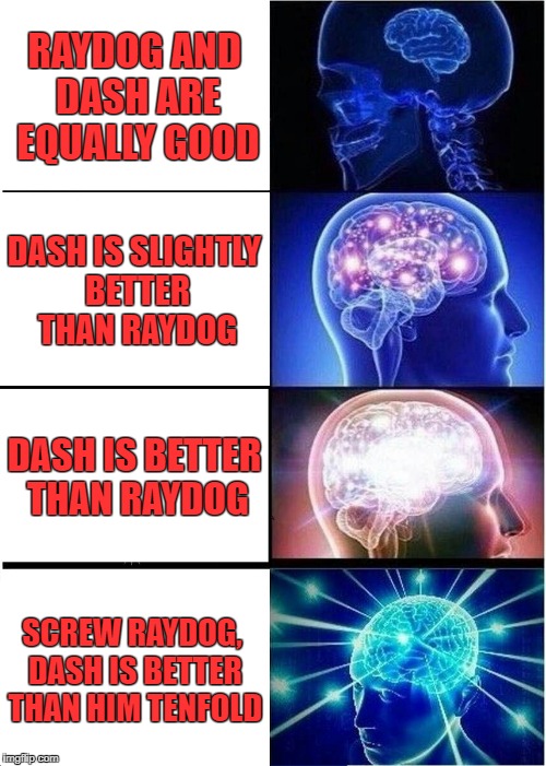 RAYDOG AND DASH ARE EQUALLY GOOD DASH IS SLIGHTLY BETTER THAN RAYDOG DASH IS BETTER THAN RAYDOG SCREW RAYDOG, DASH IS BETTER THAN HIM TENFOL | image tagged in memes,expanding brain | made w/ Imgflip meme maker