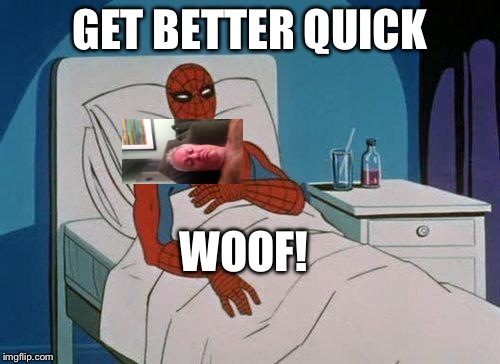 Spiderman Hospital Meme | GET BETTER QUICK; WOOF! | image tagged in memes,spiderman hospital,spiderman | made w/ Imgflip meme maker