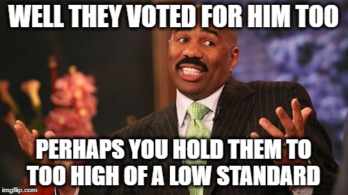 Steve Harvey Meme | WELL THEY VOTED FOR HIM TOO PERHAPS YOU HOLD THEM TO TOO HIGH OF A LOW STANDARD | image tagged in memes,steve harvey | made w/ Imgflip meme maker