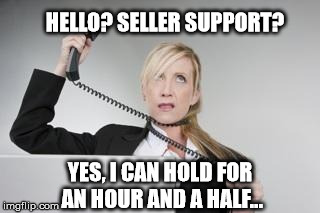 Customer Support | HELLO? SELLER SUPPORT? YES, I CAN HOLD FOR AN HOUR AND A HALF... | image tagged in customer support | made w/ Imgflip meme maker