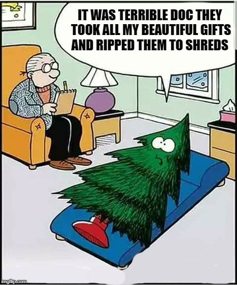 christmas tree shrink  | IT WAS TERRIBLE DOC THEY TOOK ALL MY BEAUTIFUL GIFTS AND RIPPED THEM TO SHREDS | image tagged in shrinkage | made w/ Imgflip meme maker