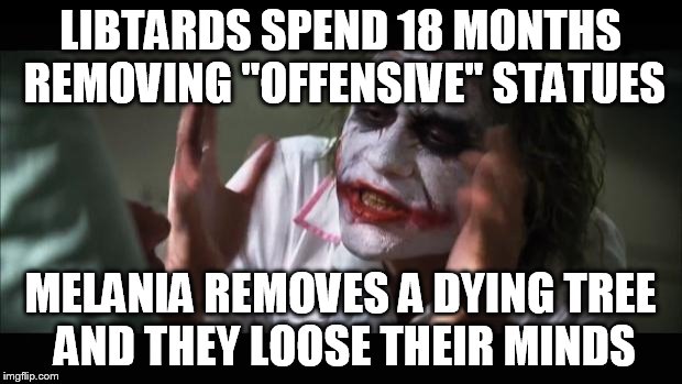 And everybody loses their minds Meme | LIBTARDS SPEND 18 MONTHS REMOVING "OFFENSIVE" STATUES; MELANIA REMOVES A DYING TREE AND THEY LOOSE THEIR MINDS | image tagged in memes,and everybody loses their minds | made w/ Imgflip meme maker