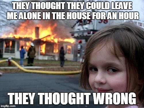 Disaster Girl Meme | THEY THOUGHT THEY COULD LEAVE ME ALONE IN THE HOUSE FOR AN HOUR; THEY THOUGHT WRONG | image tagged in memes,disaster girl | made w/ Imgflip meme maker