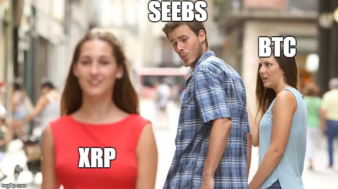 Distracted Boyfriend | SEEBS; BTC; XRP | image tagged in distracted boyfriend | made w/ Imgflip meme maker