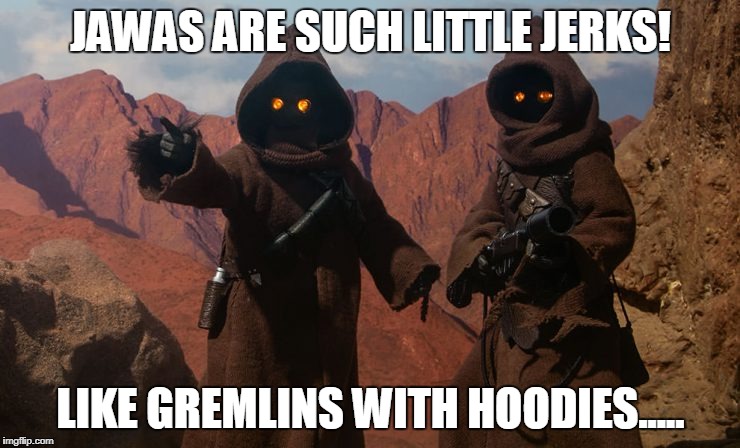 Jawa | JAWAS ARE SUCH LITTLE JERKS! LIKE GREMLINS WITH HOODIES..... | image tagged in jawa | made w/ Imgflip meme maker