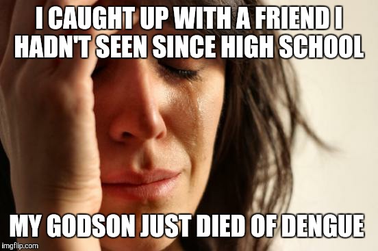 First World Problems | I CAUGHT UP WITH A FRIEND I HADN'T SEEN SINCE HIGH SCHOOL; MY GODSON JUST DIED OF DENGUE | image tagged in memes,first world problems | made w/ Imgflip meme maker