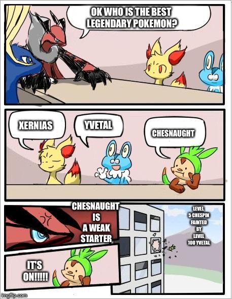 Pokemon board meeting | OK WHO IS THE BEST LEGENDARY POKEMON? XERNIAS; YVETAL; CHESNAUGHT; CHESNAUGHT IS A WEAK STARTER; LEVEL 5 CHESPIN FAINTED BY LEVEL 100 YVETAL; IT'S ON!!!!! | image tagged in pokemon board meeting | made w/ Imgflip meme maker