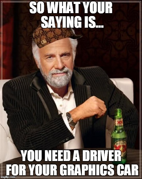 The Most Interesting Man In The World Meme | SO WHAT YOUR SAYING IS... YOU NEED A DRIVER FOR YOUR GRAPHICS CAR | image tagged in memes,the most interesting man in the world,scumbag | made w/ Imgflip meme maker
