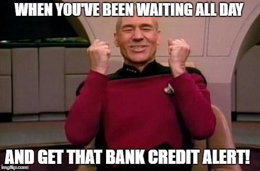 Picard yes | WHEN YOU'VE BEEN WAITING ALL DAY; AND GET THAT BANK CREDIT ALERT! | image tagged in picard yes | made w/ Imgflip meme maker