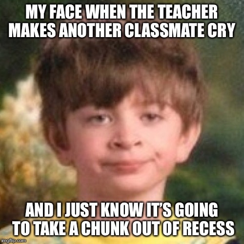 Annoyed | MY FACE WHEN THE TEACHER MAKES ANOTHER CLASSMATE CRY; AND I JUST KNOW IT’S GOING TO TAKE A CHUNK OUT OF RECESS | image tagged in annoyed | made w/ Imgflip meme maker