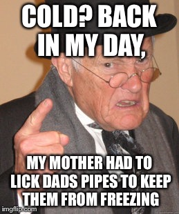 Back In My Day Meme | COLD? BACK IN MY DAY, MY MOTHER HAD TO LICK DADS PIPES TO KEEP THEM FROM FREEZING | image tagged in memes,back in my day | made w/ Imgflip meme maker