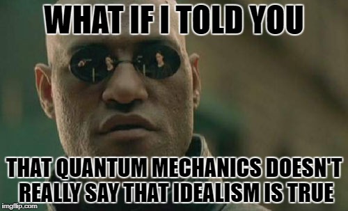 Matrix Morpheus | WHAT IF I TOLD YOU; THAT QUANTUM MECHANICS DOESN'T REALLY SAY THAT IDEALISM IS TRUE | image tagged in memes,matrix morpheus | made w/ Imgflip meme maker