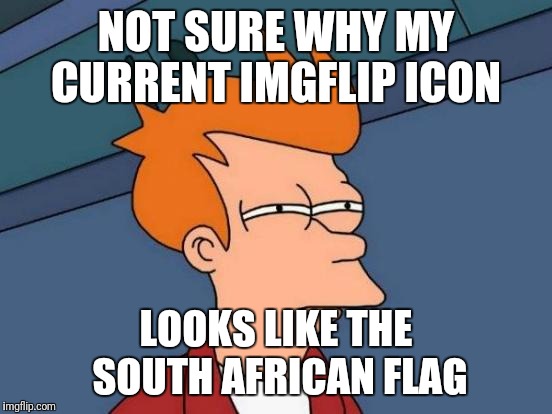 Futurama Fry Meme | NOT SURE WHY MY CURRENT IMGFLIP ICON; LOOKS LIKE THE SOUTH AFRICAN FLAG | image tagged in memes,futurama fry | made w/ Imgflip meme maker