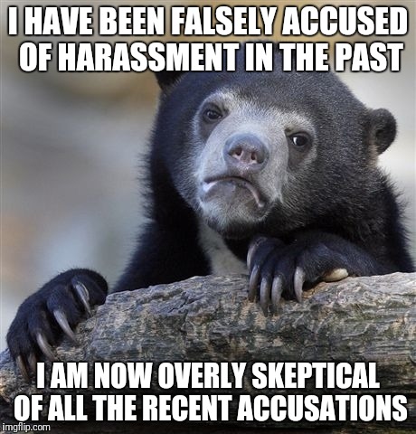 Confession Bear Meme | I HAVE BEEN FALSELY ACCUSED OF HARASSMENT IN THE PAST; I AM NOW OVERLY SKEPTICAL OF ALL THE RECENT ACCUSATIONS | image tagged in memes,confession bear | made w/ Imgflip meme maker