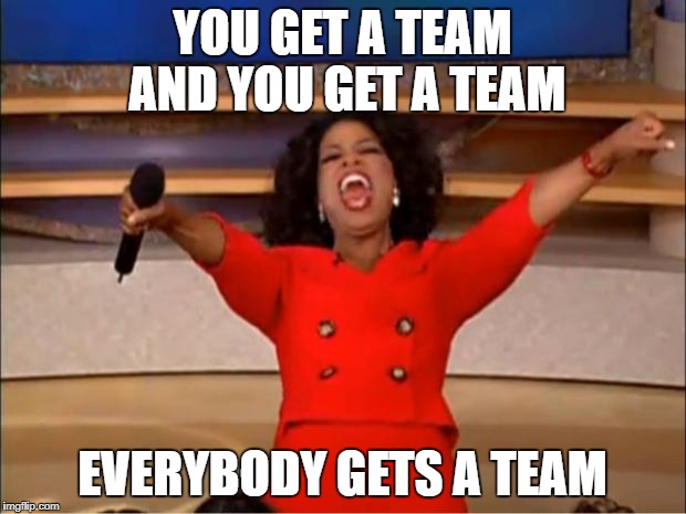 Oprah You Get A Meme | YOU GET A TEAM AND YOU GET A TEAM; EVERYBODY GETS A TEAM | image tagged in memes,oprah you get a | made w/ Imgflip meme maker