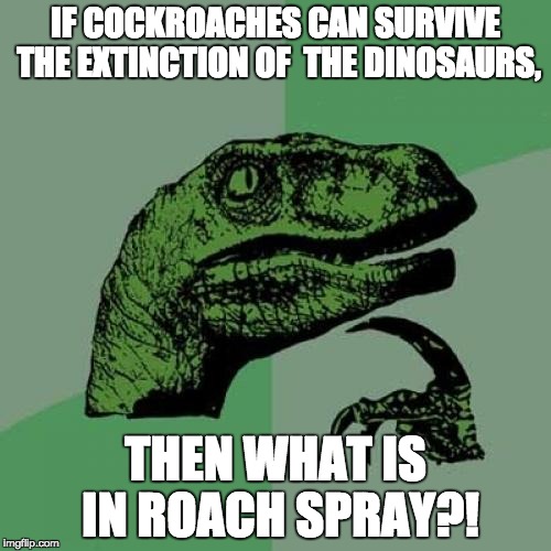 Philosoraptor Meme | IF COCKROACHES CAN SURVIVE THE EXTINCTION OF  THE DINOSAURS, THEN WHAT IS IN ROACH SPRAY?! | image tagged in memes,philosoraptor | made w/ Imgflip meme maker
