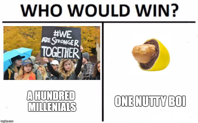 Who Would Win? | ONE NUTTY BOI; A HUNDRED MILLENIALS | image tagged in who would win | made w/ Imgflip meme maker