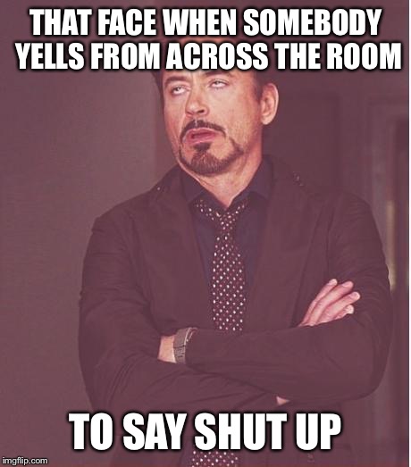 Face You Make Robert Downey Jr | THAT FACE WHEN SOMEBODY YELLS FROM ACROSS THE ROOM; TO SAY SHUT UP | image tagged in memes,face you make robert downey jr | made w/ Imgflip meme maker