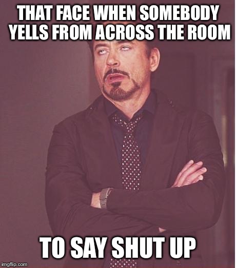 Face You Make Robert Downey Jr Meme | THAT FACE WHEN SOMEBODY YELLS FROM ACROSS THE ROOM; TO SAY SHUT UP | image tagged in memes,face you make robert downey jr | made w/ Imgflip meme maker