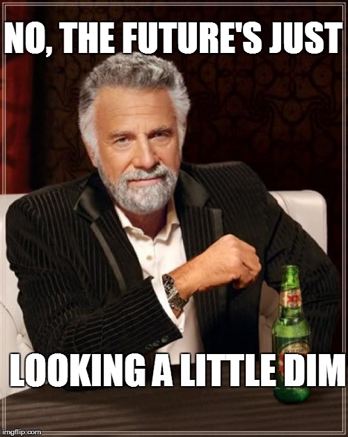 The Most Interesting Man In The World Meme | NO, THE FUTURE'S JUST LOOKING A LITTLE DIM | image tagged in memes,the most interesting man in the world | made w/ Imgflip meme maker