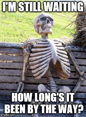 Waiting Skeleton Meme | I'M STILL WAITING; HOW LONG'S IT BEEN BY THE WAY? | image tagged in memes,waiting skeleton | made w/ Imgflip meme maker