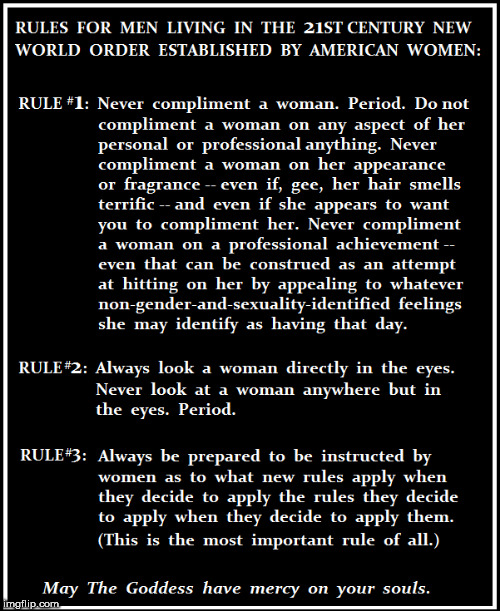 Rules for Men Living in The New World Order as Established by Women | image tagged in women,men,sexual harassment | made w/ Imgflip meme maker