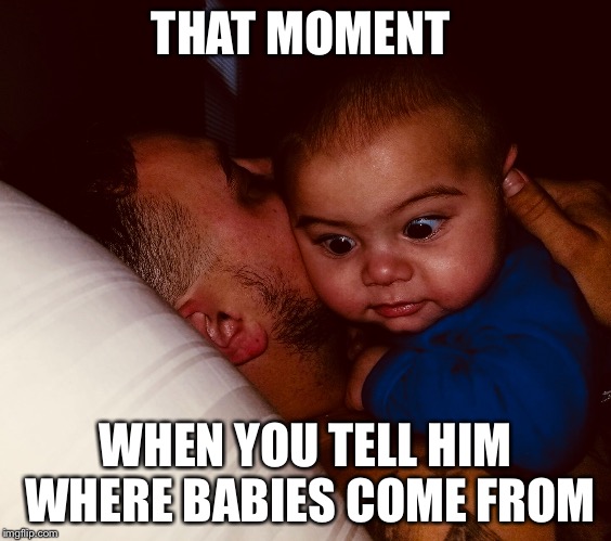 THAT MOMENT; WHEN YOU TELL HIM WHERE BABIES COME FROM | image tagged in babies,funnymemes | made w/ Imgflip meme maker