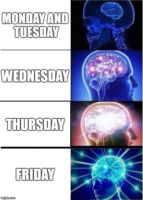 Expanding Brain | MONDAY AND TUESDAY; WEDNESDAY; THURSDAY; FRIDAY | image tagged in memes,expanding brain | made w/ Imgflip meme maker