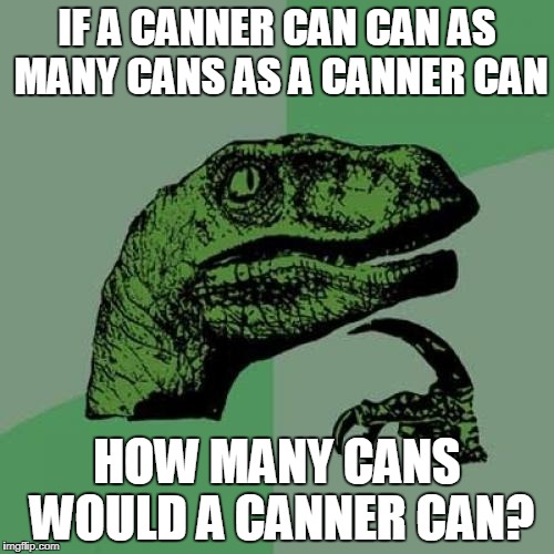 Philosoraptor Meme | IF A CANNER CAN CAN AS MANY CANS AS A CANNER CAN; HOW MANY CANS WOULD A CANNER CAN? | image tagged in memes,philosoraptor | made w/ Imgflip meme maker