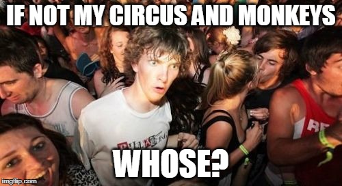 Sudden Clarity Clarence Meme | IF NOT MY CIRCUS AND MONKEYS; WHOSE? | image tagged in memes,sudden clarity clarence | made w/ Imgflip meme maker