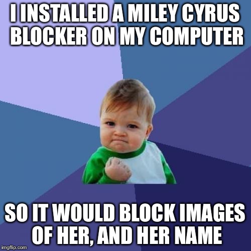 Yay! | I INSTALLED A MILEY CYRUS BLOCKER ON MY COMPUTER; SO IT WOULD BLOCK IMAGES OF HER, AND HER NAME | image tagged in memes,success kid,miley cyrus | made w/ Imgflip meme maker