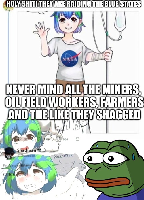 Less Than Zero | HOLY SHIT! THEY ARE RAIDING THE BLUE STATES; NEVER MIND ALL THE MINERS, OIL FIELD WORKERS, FARMERS AND THE LIKE THEY SHAGGED | image tagged in fear,united states,taxes,mi,military | made w/ Imgflip meme maker